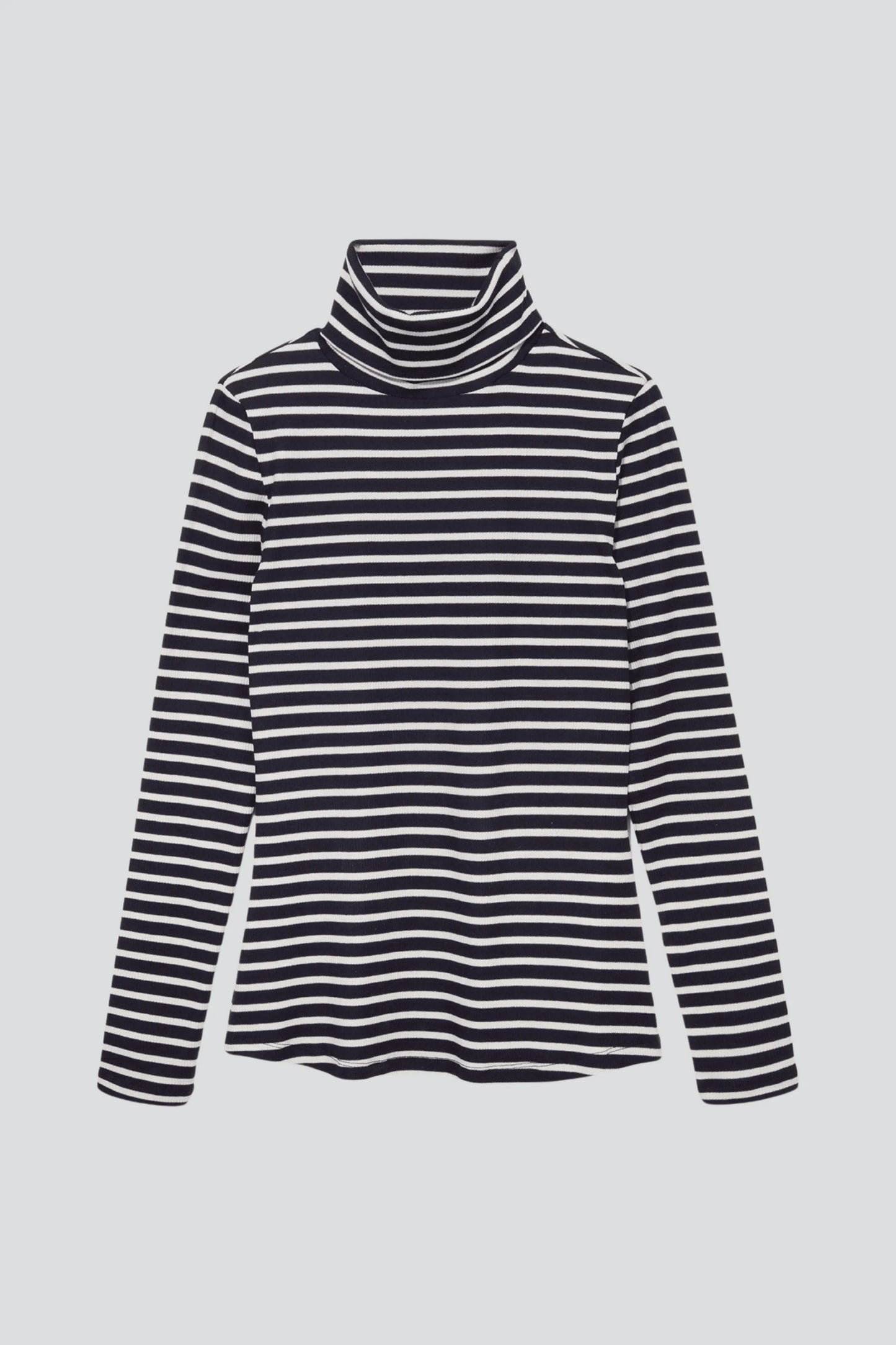Close-up of the luxurious fabric of the Women's Striped Cotton Roll Neck, showcasing premium quality and comfort.