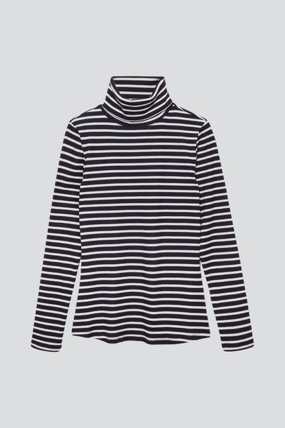 Close-up of the luxurious fabric of the Women's Striped Cotton Roll Neck, showcasing premium quality and comfort.