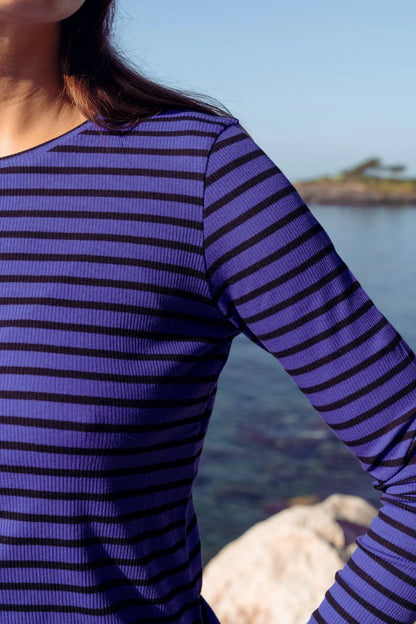 Luxurious women's striped crew neck t-shirt made from organic cotton, showcasing a timeless design and flattering fit, available in UK sizes 8-16.
