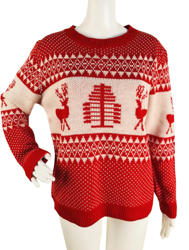Luxurious Christmas Reindeer Sweater in vibrant red with detailed reindeer patterns, perfect for holiday cheer.