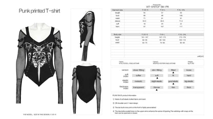 Model showcasing the stylish off-shoulder design and V-neck cut of the Punk Rave Vonda Printed T-Shirt, ideal for a chic and edgy fashion statement.