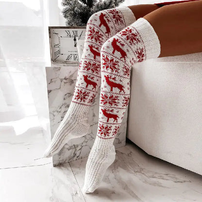 Side view of CozyClaus Women's Festive X-Mas Stockings, highlighting the beautiful reindeer design, perfect for enhancing holiday decor.
