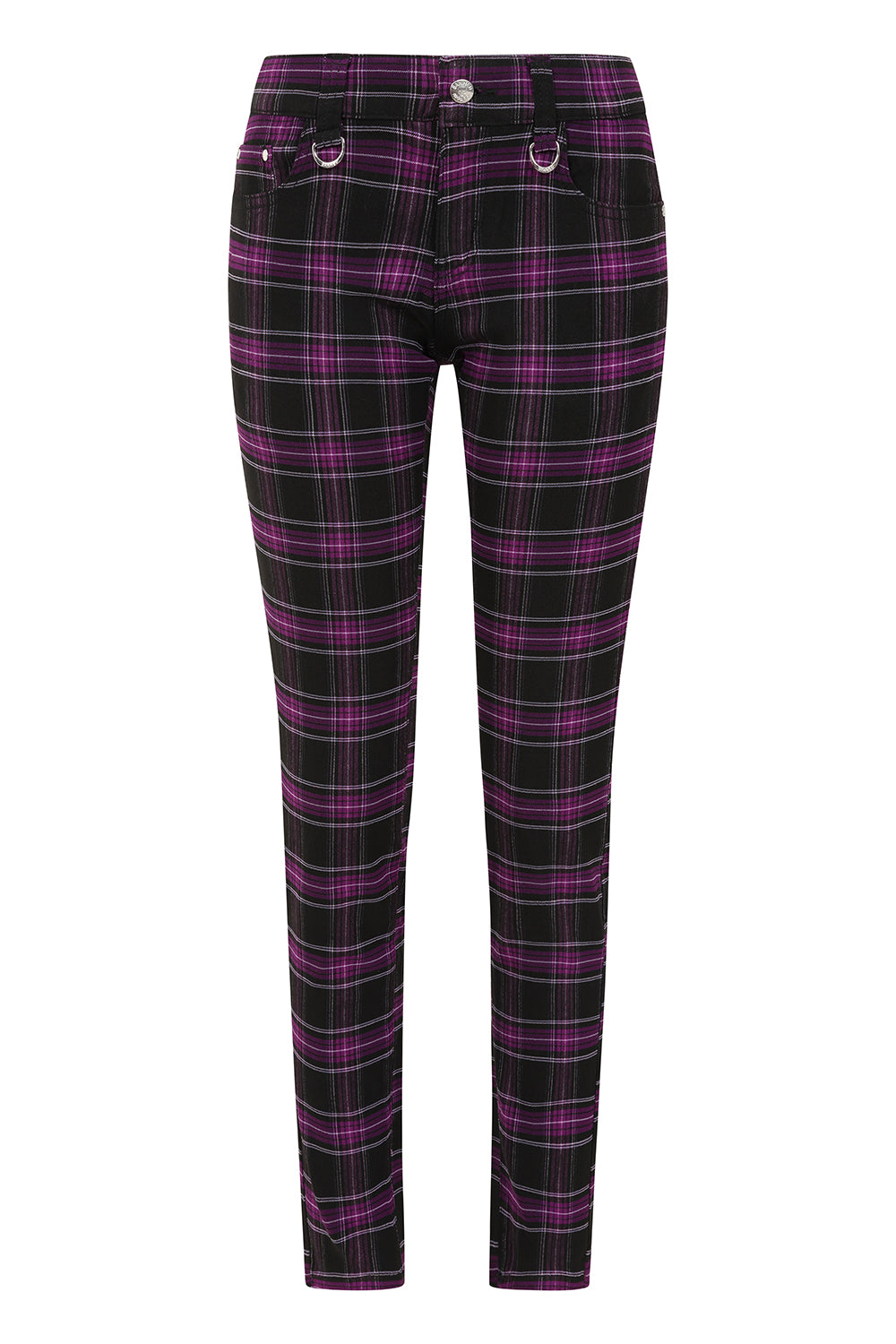 Luxury Banned Apparel Forever Yours Low-Rise Skinny Tartan Trousers in vibrant purple, showcasing punk-inspired design with detailed D-rings.