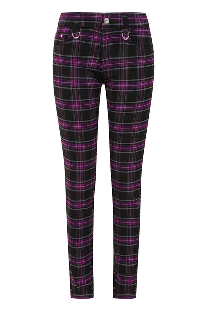 Luxury Banned Apparel Forever Yours Low-Rise Skinny Tartan Trousers in vibrant purple, showcasing punk-inspired design with detailed D-rings.