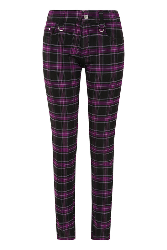 Luxury Banned Apparel Forever Yours Low-Rise Skinny Tartan Trousers in vibrant purple, showcasing punk-inspired design with detailed D-rings.