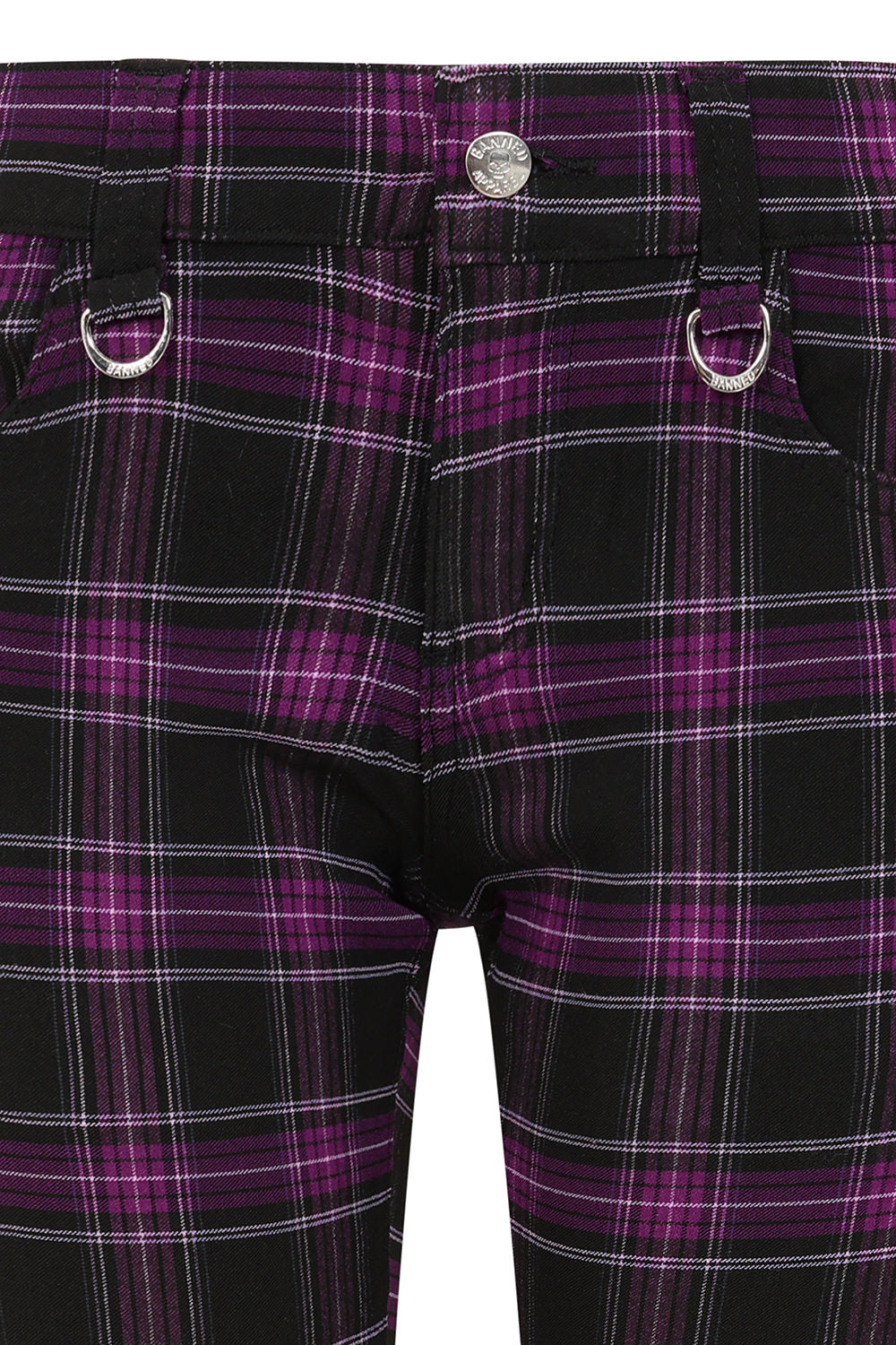 Close-up view of the purple tartan fabric and D-ring details of Banned Apparel's Forever Yours Low-Rise Skinny Trousers, highlighting the premium construction and rebellious style.