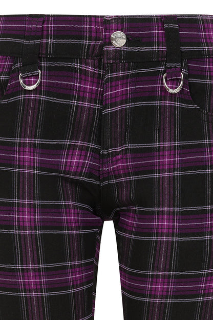 Close-up view of the purple tartan fabric and D-ring details of Banned Apparel's Forever Yours Low-Rise Skinny Trousers, highlighting the premium construction and rebellious style.