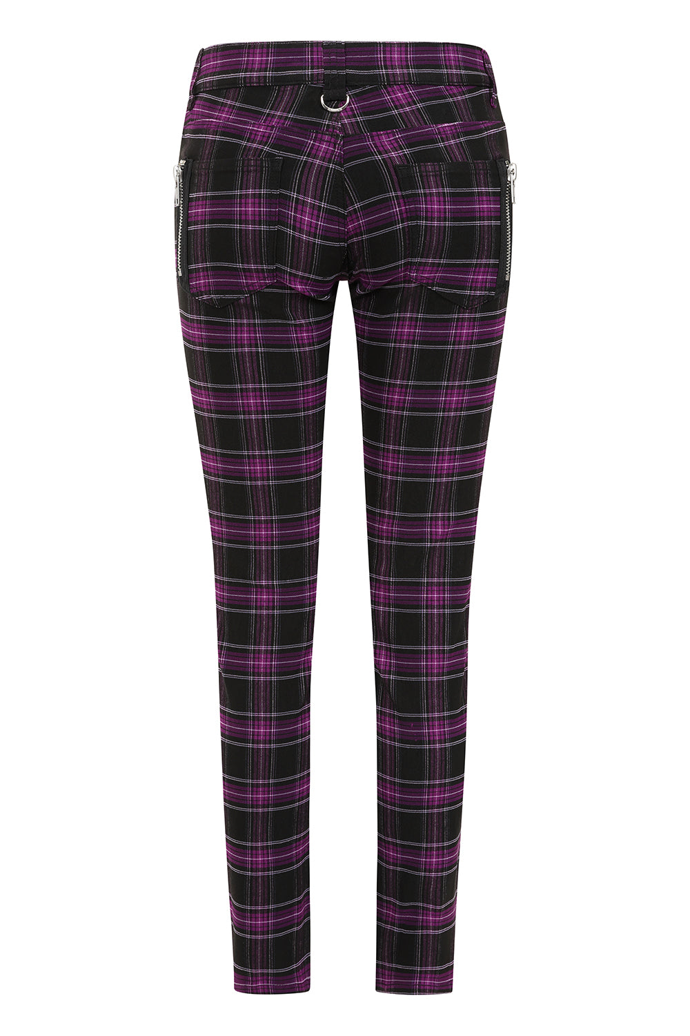 Back view of Banned Apparel Forever Yours Low-Rise Skinny Tartan Trousers in purple, featuring zip-back pockets and flattering skinny leg silhouette.