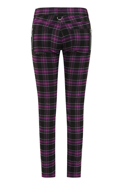 Back view of Banned Apparel Forever Yours Low-Rise Skinny Tartan Trousers in purple, featuring zip-back pockets and flattering skinny leg silhouette.