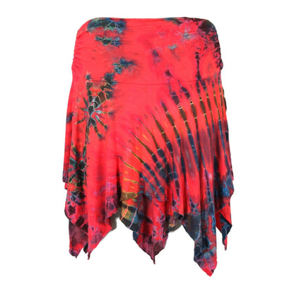 Luxurious unique tie dye hanky hem mini skirt with ruching detail, displayed gracefully to highlight vibrant colors and intricate design, perfect for summer styling.