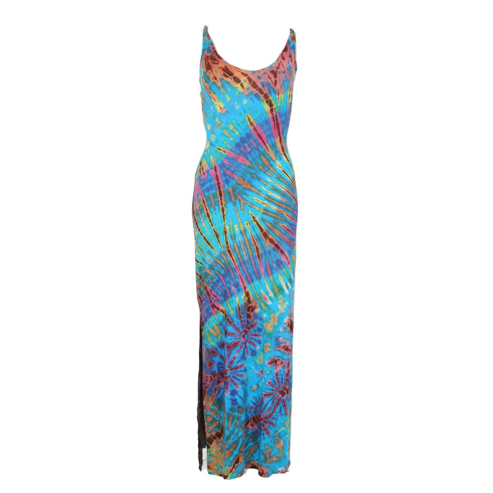 Stylish pairing of the Vivid Tie Dye Bodycon Maxi Dress with delicate heeled sandals, exemplifying chic summer fashion.