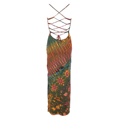 Strappy back detail of the vivid tie dye maxi dress, illustrating the unique design that adds sophistication to any outfit.