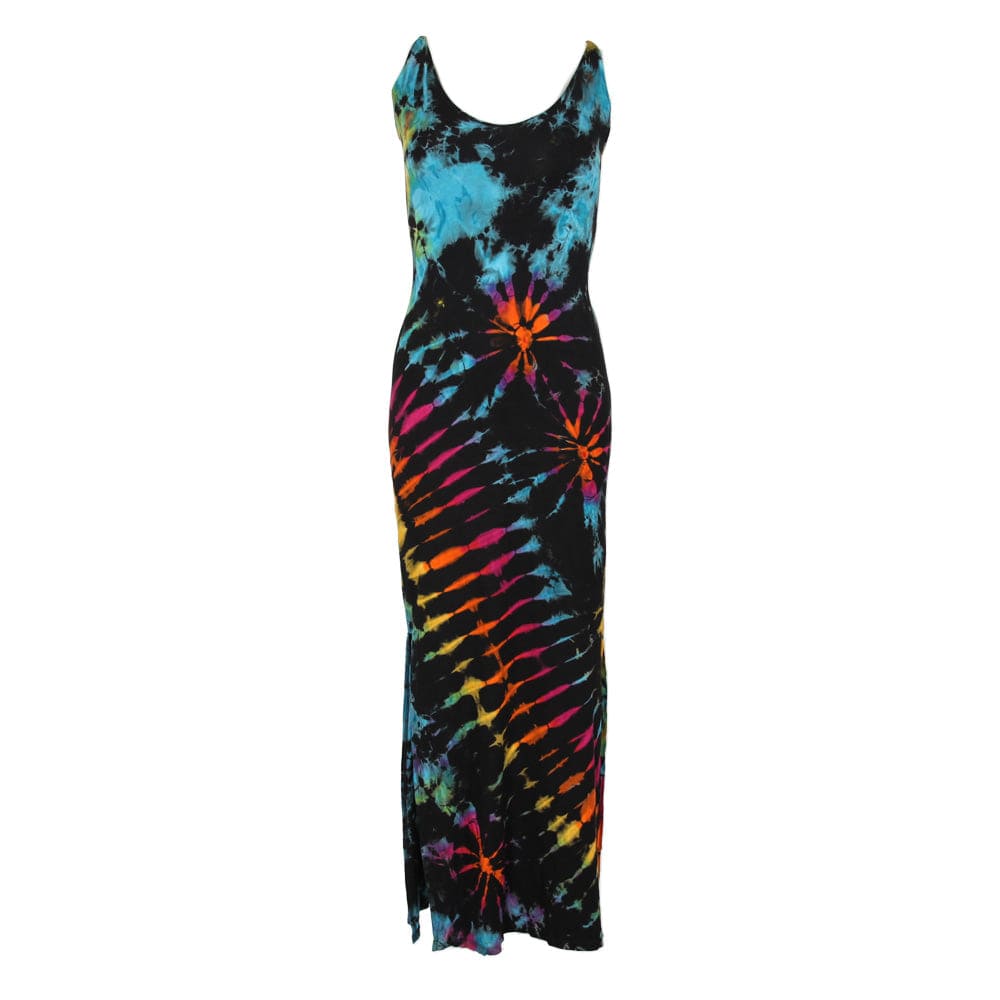 Close-up of tie dye pattern on bodycon maxi dress, highlighting the soft texture and stunning colours that elevate summer fashion.