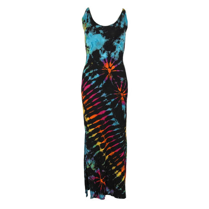 Close-up of tie dye pattern on bodycon maxi dress, highlighting the soft texture and stunning colours that elevate summer fashion.