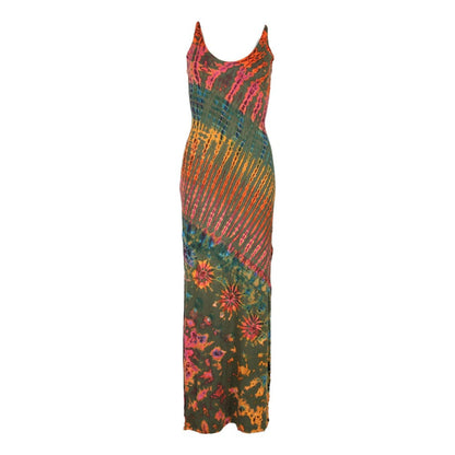 Vivid tie-dye bodycon maxi dress showcasing strappy lattice back design, accentuating elegance and sophistication for UK sizes 6-14.