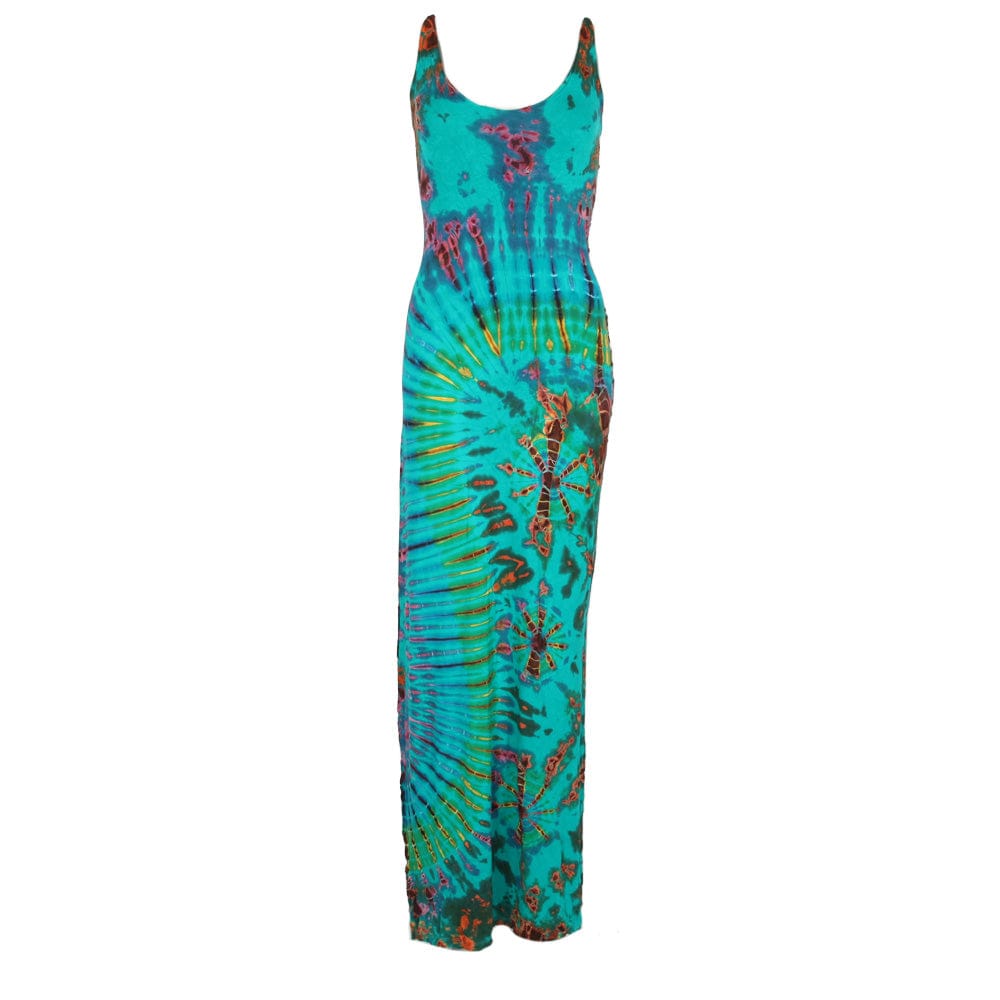 Model showcasing the Vivid Tie Dye Bodycon Maxi Dress with Strappy Lattice Back, highlighting its flattering fit for UK sizes 6-14.