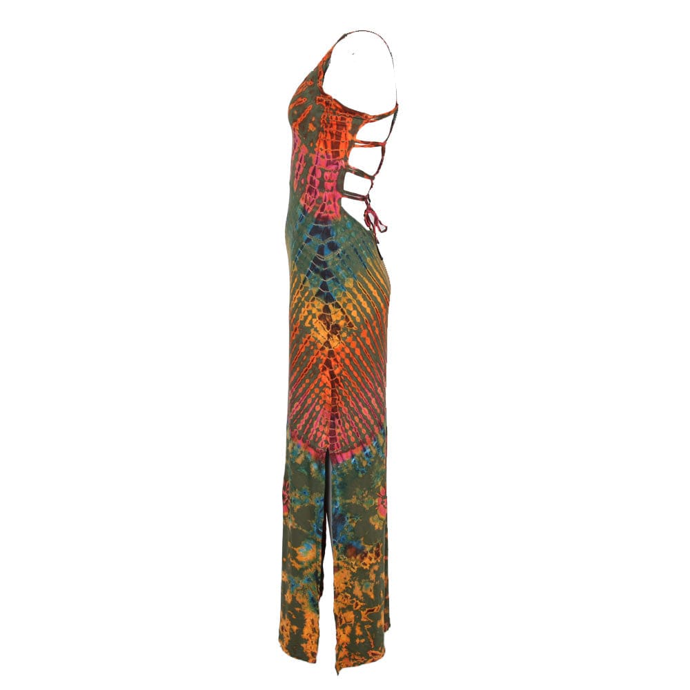 Full length view of the tie dye bodycon maxi dress, emphasizing the graceful silhouette and luxurious fabric perfect for evening occasions.