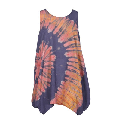 Dramatic tie dye balloon mini tunic dress showcasing a vibrant tie dye pattern in subtle shades of khaki green, designed for a luxurious, relaxed fit, perfect for UK sizes 8-14.