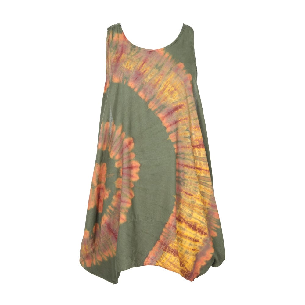 Luxurious dramatic tie dye balloon mini tunic dress in khaki green, crafted from soft 100% rayon for a relaxed and flowing fit, suitable for UK sizes 8-14.