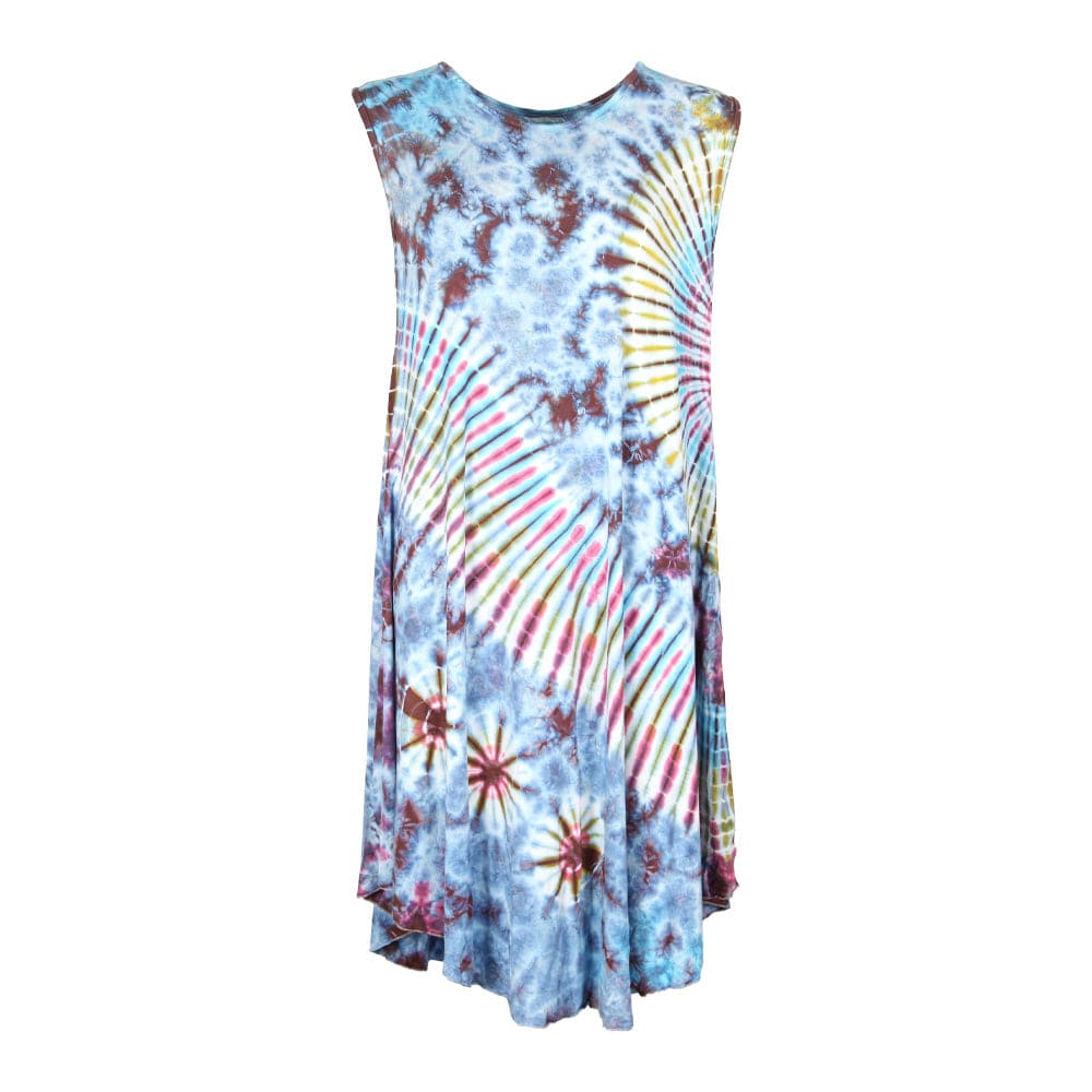 Luxury vibrant tie dye midi dress with circle neckline, showcasing an elegant ice and fire colour palette by The Hippy Clothing Co.