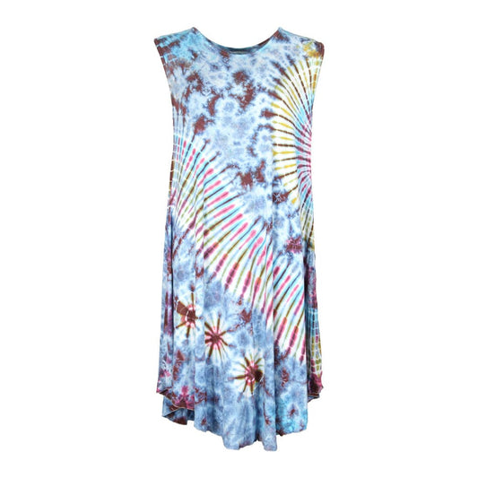 Luxury vibrant tie dye midi dress with circle neckline, showcasing an elegant ice and fire colour palette by The Hippy Clothing Co.