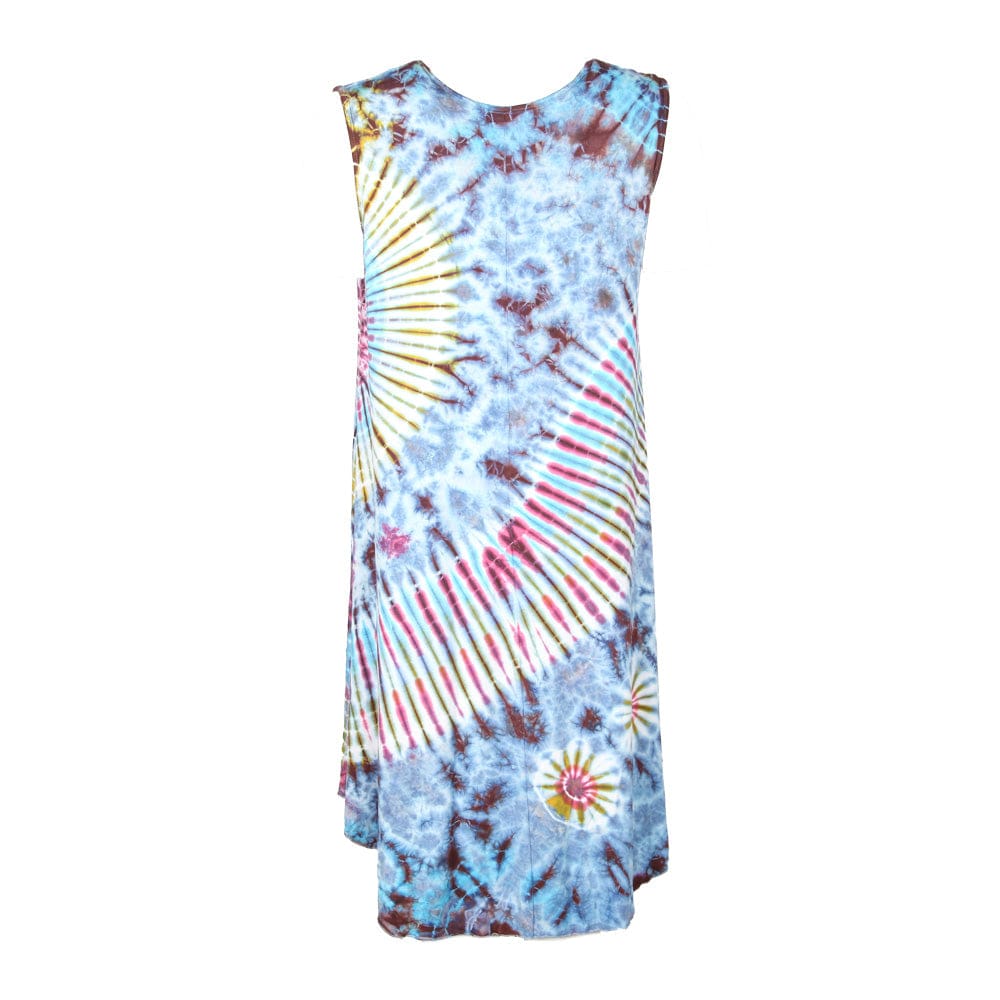 Close-up of high-quality fabric blend in vibrant tie dye midi dress, featuring 95% rayon and 5% spandex for exquisite comfort.