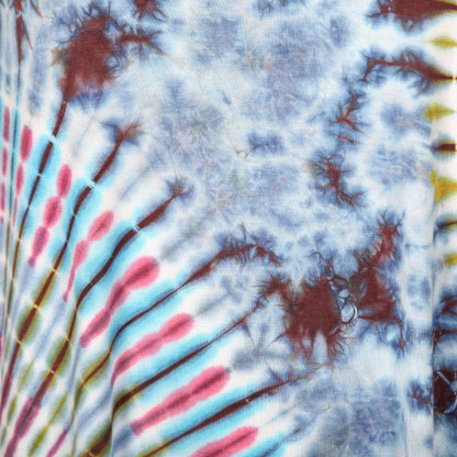 Detail shot of the circle neckline on a luxurious tie dye midi dress, perfect for highlighting accessories.