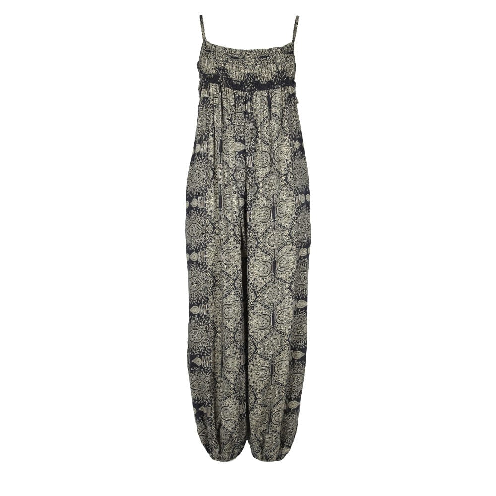 Stunning black mandala print jumpsuit with gathered ankles, ideal for versatile styling, featuring practical side pockets.