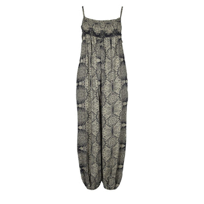 Stunning black mandala print jumpsuit with gathered ankles, ideal for versatile styling, featuring practical side pockets.
