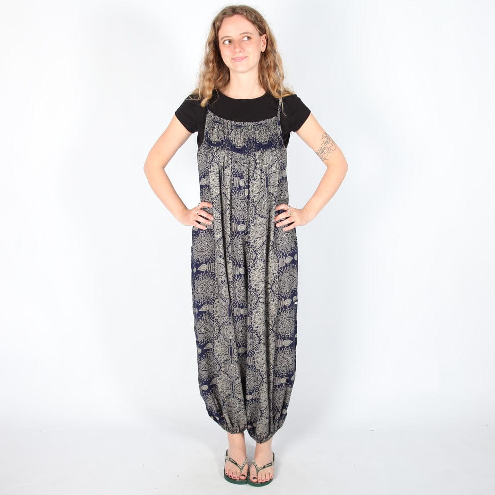 Stylish display of the black mandala print jumpsuit showcasing the unique tie-back detail and relaxed fit for ultimate comfort.
