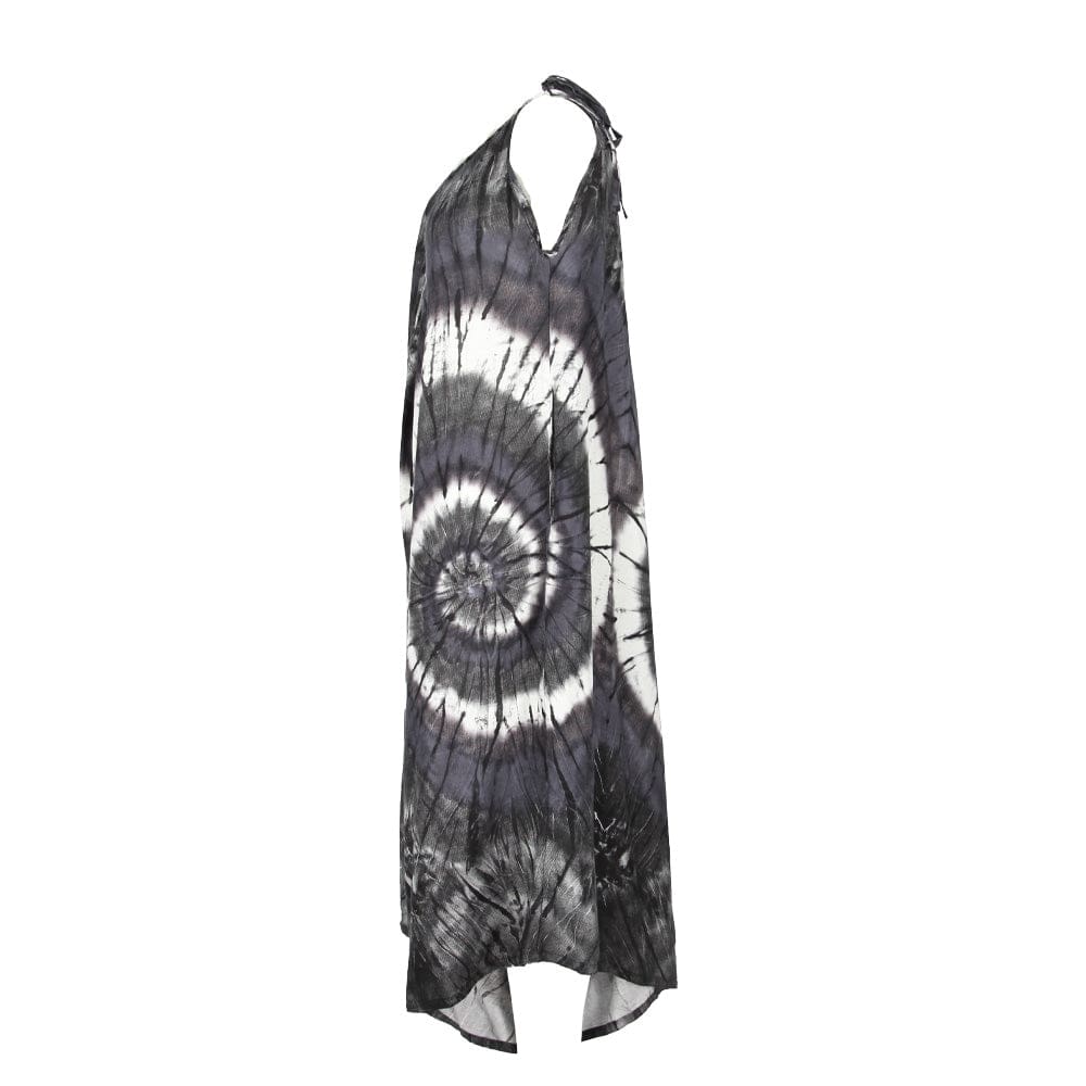Stylish A-line cami jumpsuit featuring elegant spiral tie dye patterns and delicate tie shoulders for a comfortable fit.