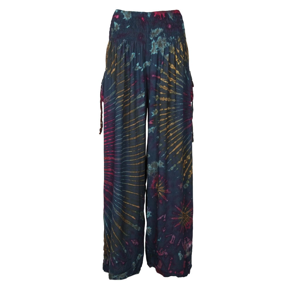 Demonstration of the comfortable fit and loose silhouette of Luxury Tie Dye Cargo Trousers.