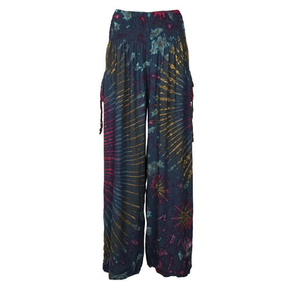 Demonstration of the comfortable fit and loose silhouette of Luxury Tie Dye Cargo Trousers.