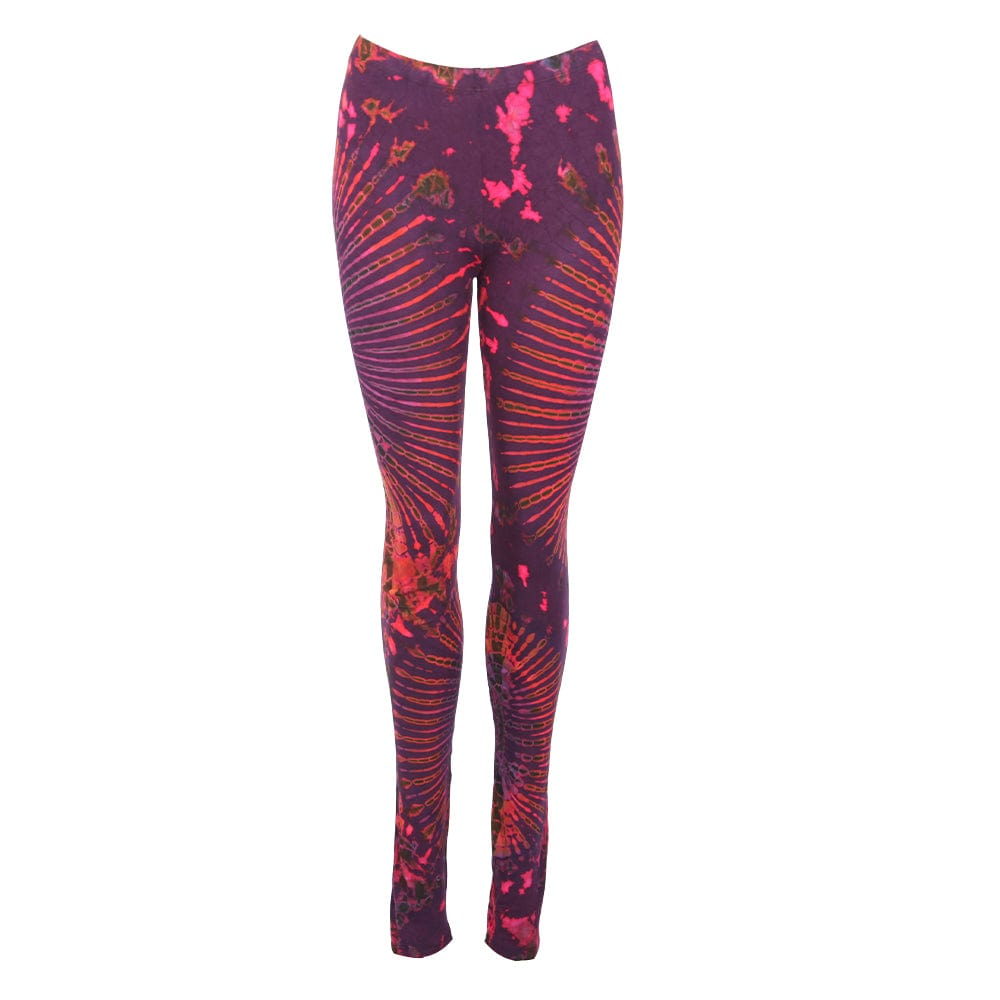Diverse selection of vibrant tie-dye yoga leggings, available in S/M and L/XL sizes, perfect for all body types.