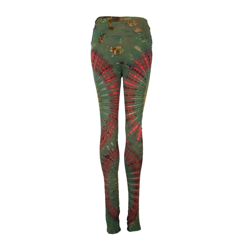 Vibrant high waisted tie dye leggings showcasing unique patterns and vivid colours, perfect for layering under skirts or wearing as standalone leggings.