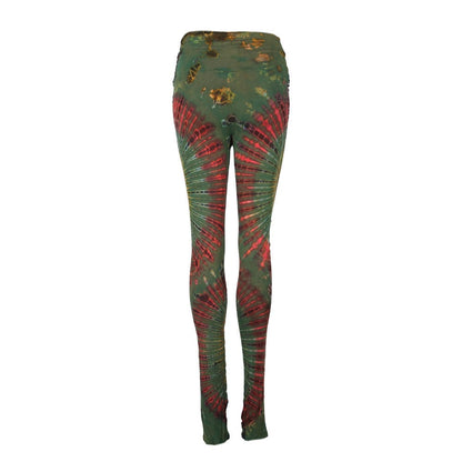 Vibrant high waisted tie dye leggings showcasing unique patterns and vivid colours, perfect for layering under skirts or wearing as standalone leggings.