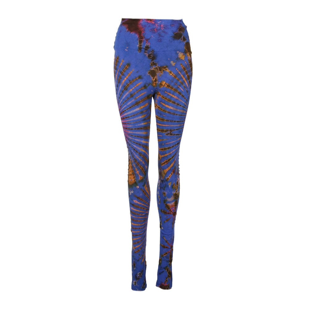 Stylish high waisted tie dye leggings worn under a flowing hippie skirt, exuding vibrant style and bohemian elegance.