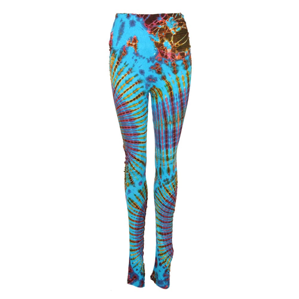 Close-up of luxurious high waisted tie dye leggings, showcasing exquisite colour blends and artistic patterns.
