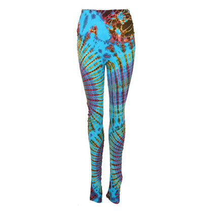 Close-up of luxurious high waisted tie dye leggings, showcasing exquisite colour blends and artistic patterns.