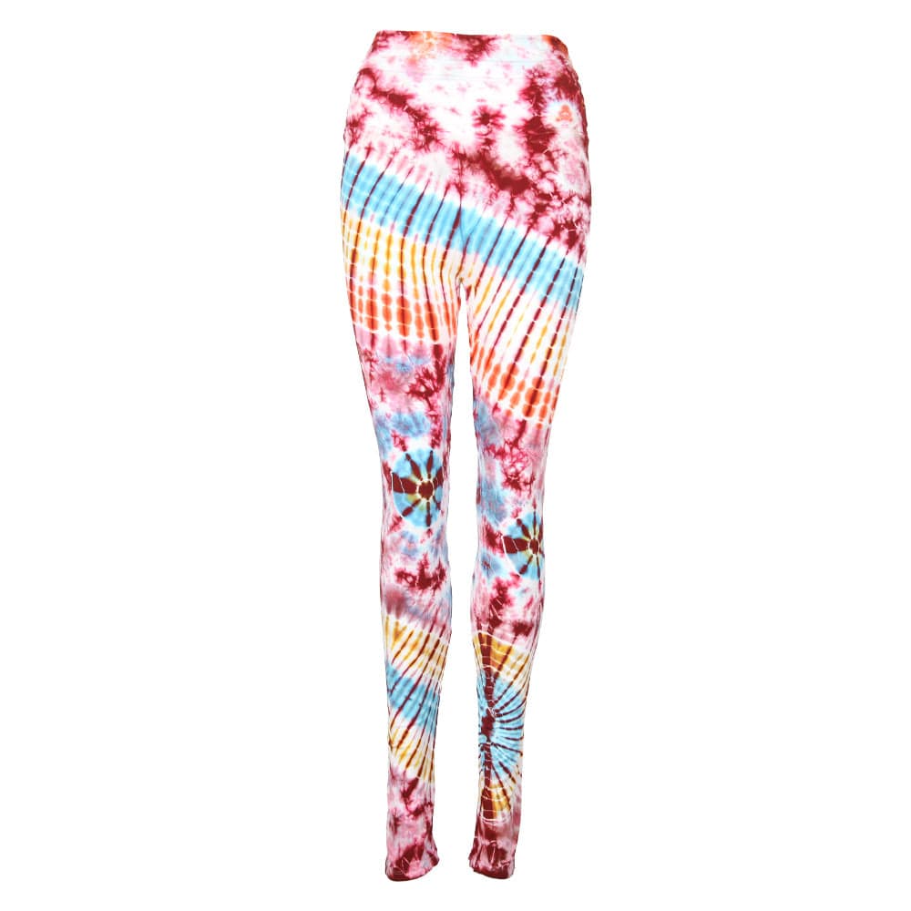 Vibrant high waisted tie dye leggings featuring unique patterns and colours, ideal for layering with elegant outfits.