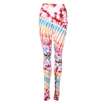 Vibrant high waisted tie dye leggings featuring unique patterns and colours, ideal for layering with elegant outfits.