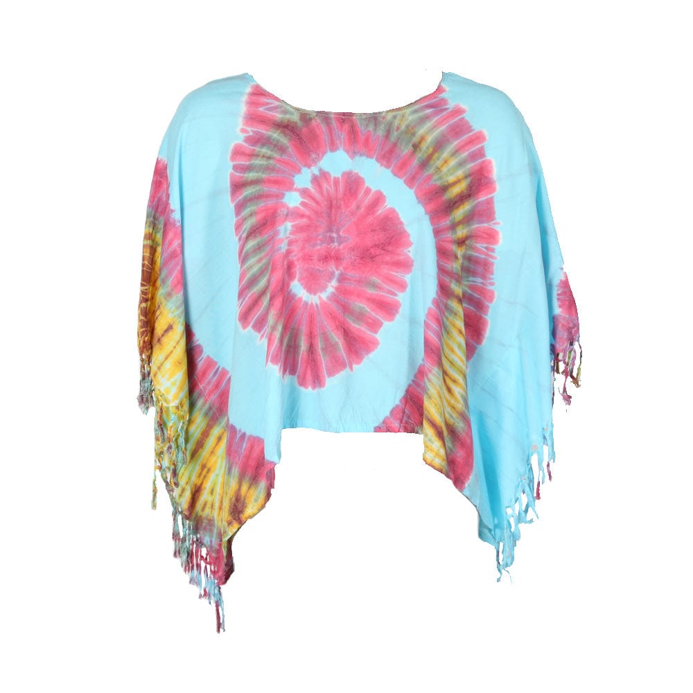 Model wearing Luxury Tie Dye Cropped Poncho layered over stylish outfits, exuding a chic hippy vibe suitable for various occasions.