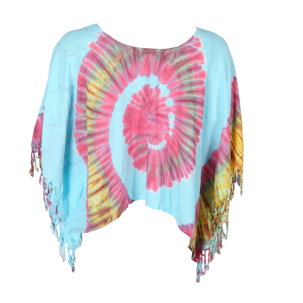 Close-up of the exquisite fabric of the Luxury Tie Dye Cropped Poncho showcasing its rich, blended colours and soft rayon texture, designed for ultimate comfort.