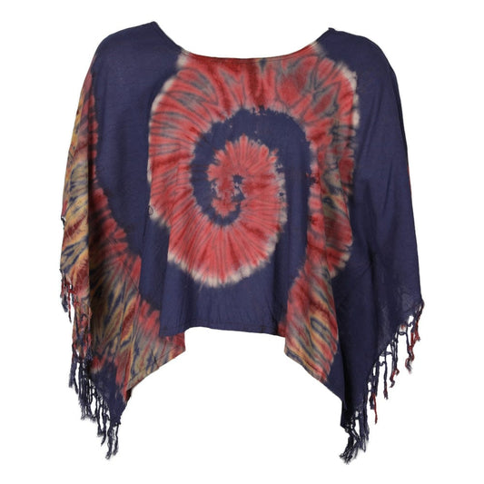 Luxury tie dye cropped poncho with unique spiral design featuring vibrant colours and stylish tassels, perfect for UK sizes 8-16. Ideal for casual outings and festivals.