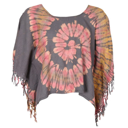 Luxury Tie Dye Cropped Poncho with unique spiral design, featuring vibrant colours and eye-catching tassels, perfect for casual and festival attire.