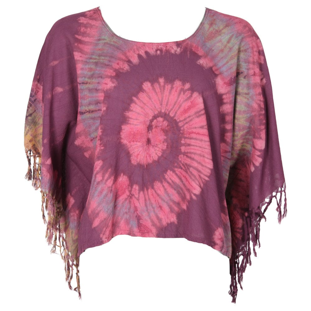Luxury Tie Dye Cropped Poncho in unique spiral design showcasing vibrant colours and tassels, perfect for UK sizes 8-16.