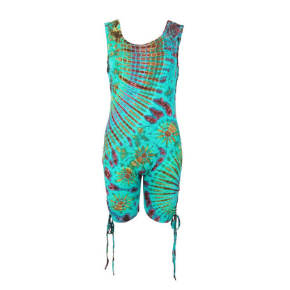 Luxury tie dye bodycon romper playsuit showcasing adjustable ties and flattering silhouette, ideal for a stylish summer look.