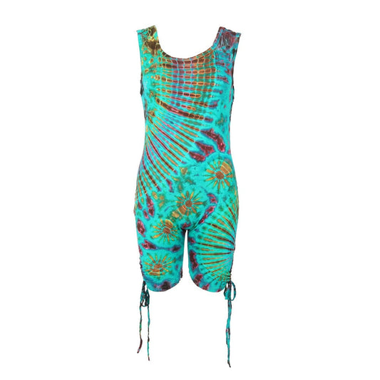 Luxury tie dye bodycon romper playsuit showcasing adjustable ties and flattering silhouette, ideal for a stylish summer look.