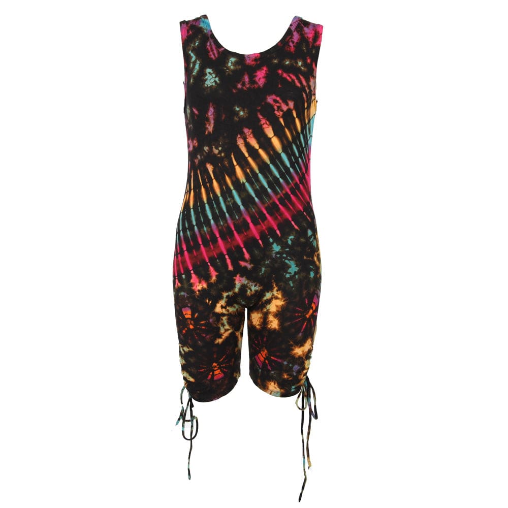 Fashionable tie dye playsuit on display with vibrant colours, perfect for standing out in any casual or party setting.