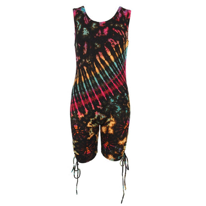 Fashionable tie dye playsuit on display with vibrant colours, perfect for standing out in any casual or party setting.